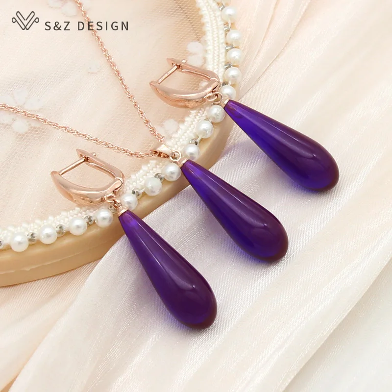 S&Z DESIGN New Fashion 585 Rose Gold Color Water Drop Dangle Earrings Christmas Jewelry Sets For Women Pendant Necklace