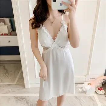 

XIFER The New V-neck Sexy Suspender Nightdress Satin Chiffon Home Service Casual Dress Can Be Worn Outside