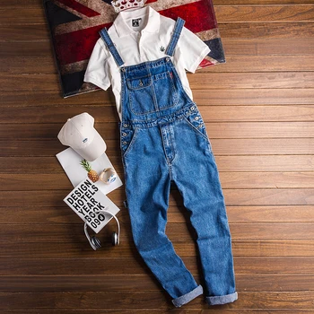 

Korean hair stylist fashion simple bib overalls blue denim suspenders pants men tide youth jeans costumes