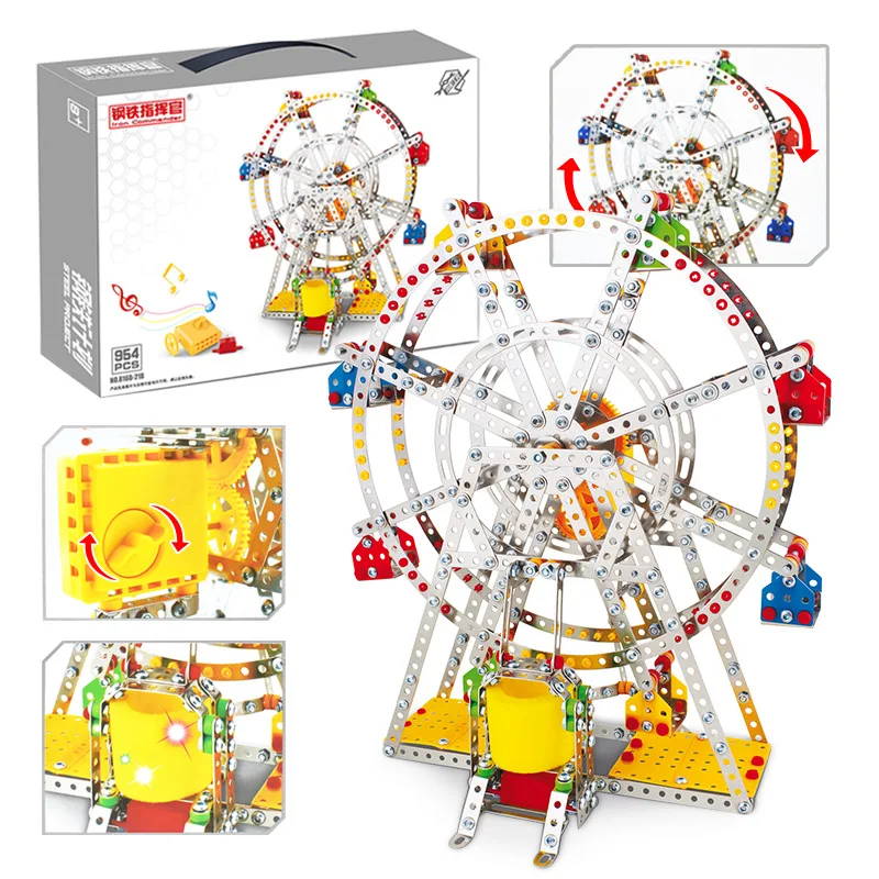 

New Style Metal Assembled Building Blocks Toy with Sound And Light Music Box Rotating Ferris Wheel Toy Children'S Educational To