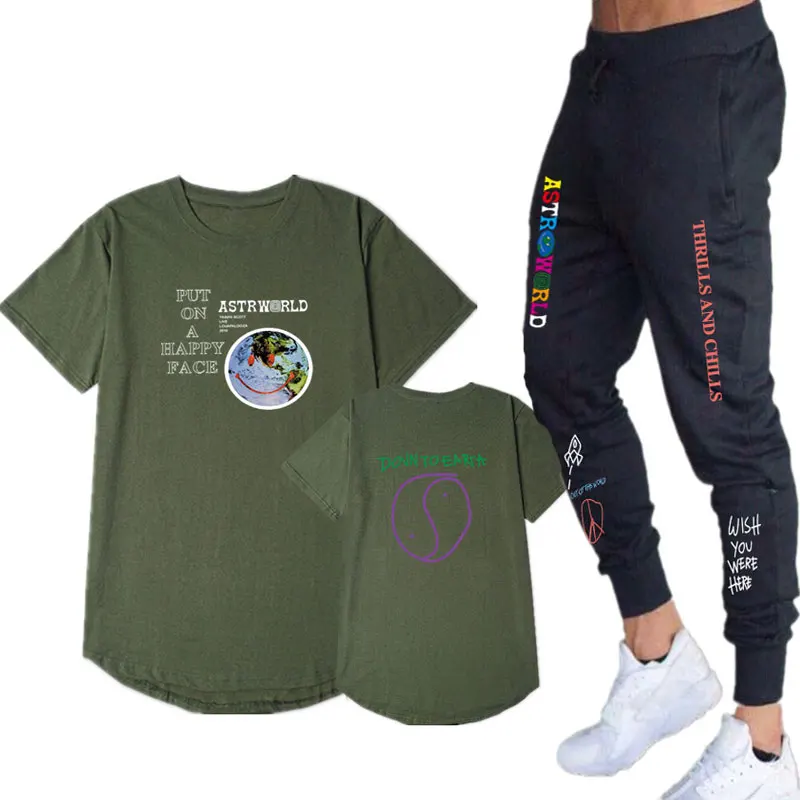 Трэвиса Скотта ASTROWORLD футболка Костюм Уличная для мужчин и женщин спортивный костюм хип-хоп удлиненный Круглый подол рубашка спортивные штаны костюм - Цвет: Army Green CT511CK0