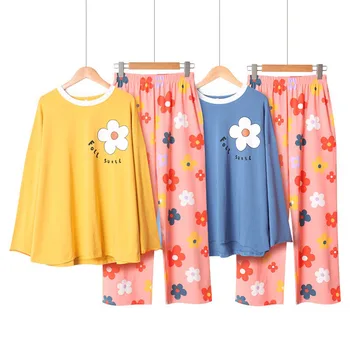 

Ladies Cute Pajamas Set Sweet Cartoon Flower Printed Women Comfort Cotton Homewear Colorful Sleepwear Set For Spring And Fall