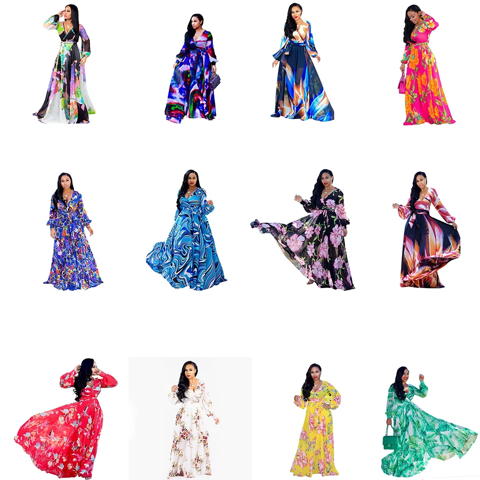 2021 Chiffon Long Sleeve Cross V-Neck Maxi Dress Bohemia Dress Full Plus Size Celebrity/Graduation/Dinner Dress Beach Sundress