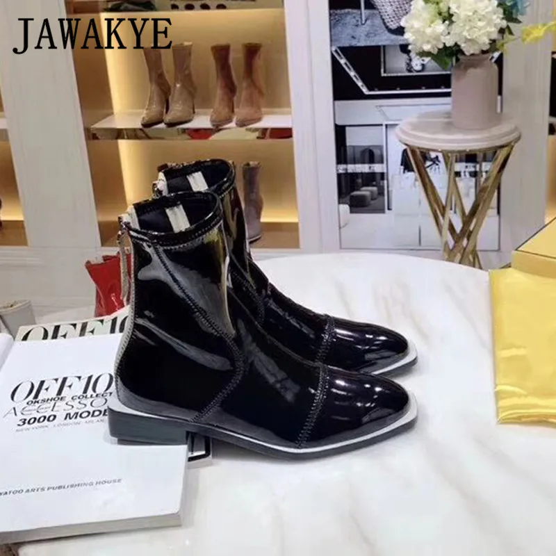 black leather Женские замшевые ботильоны из лакированной кожи; ботинки на плоской подошве с молнией сзади; Модные Ботинки martin в британском стиле; натуральная кожа; - Цвет: black leather