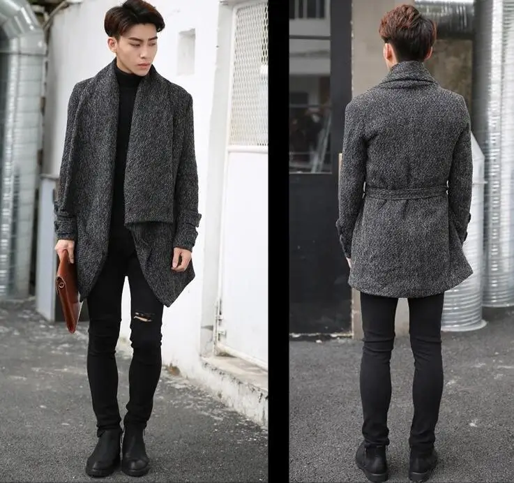 Модное зимнее шерстяное пальто для мужчин, тонкий ремень, панк, хип-хоп, готика, теплая куртка, пальто для мужчин, большие лацканы, шерстяное пальто для мужчин, abrigo hombre