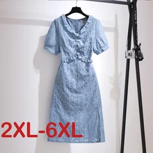 

Plus Size Women Summer Sundress Elegante Printed Blue Dress Casual Short Sleeve High Waist Party Holiday Vestido Robe