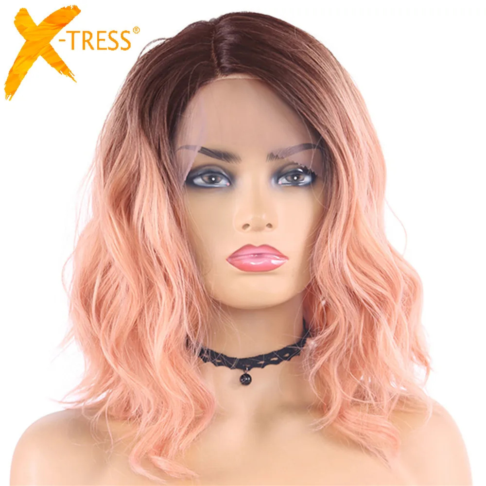 Wigs Synthetic-Hair Lace-Front Orange Pink Color X-TRESS Short Cosplay Natural-Wave Ombre