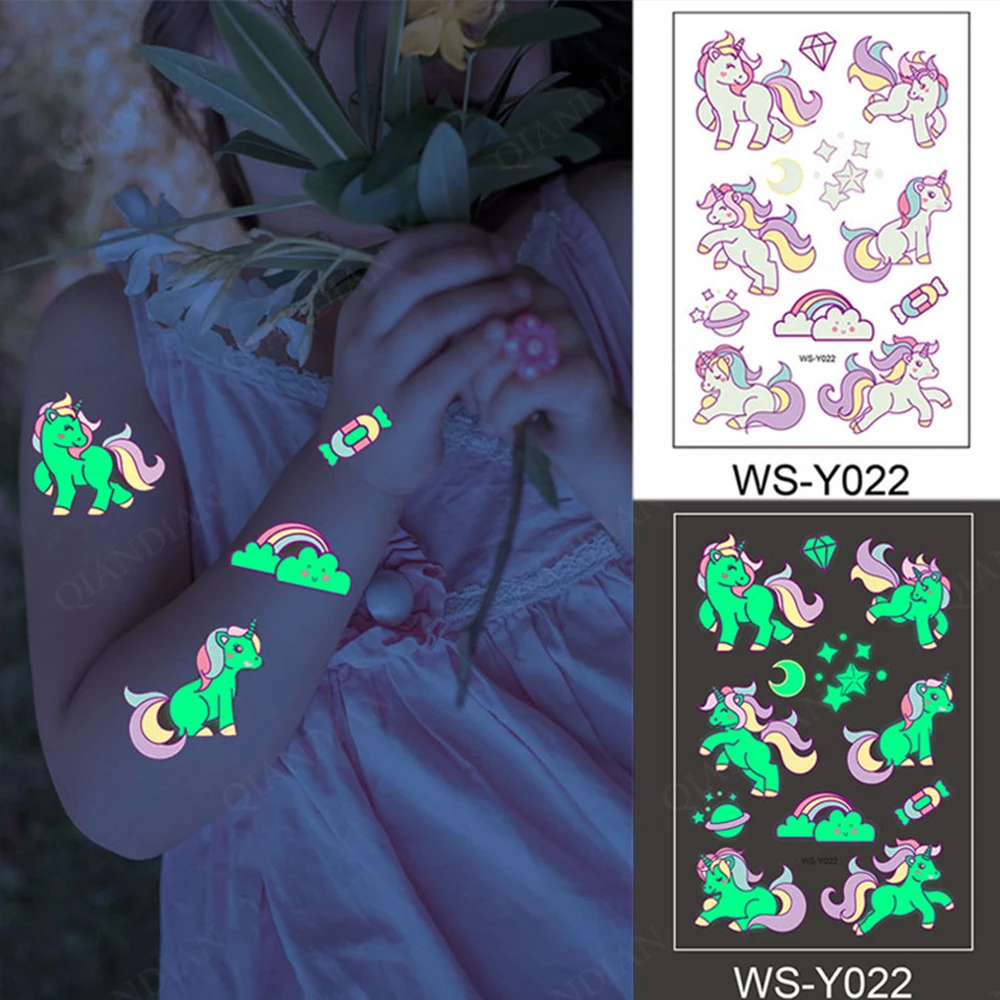 Tattoo Sticker Luminous Night Temporary Tattoo Sticker Children Unicorn Stars Dinosaur Car Animal Cartoon Waterproof Body Art