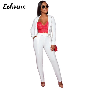 

Echoine White Long Sleeve Blazer Coat Long Skinny Pants Two Pieces Suit Autumn Women Formal Office Plus Size XXL Fashion Outfits