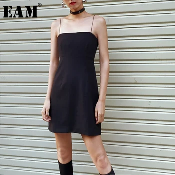 

[EAM] Women Black Sling Short Dress New Strapless Temperament Sleeveless Loose Fit Fashion All-match Spring Autumn 2020 1B145