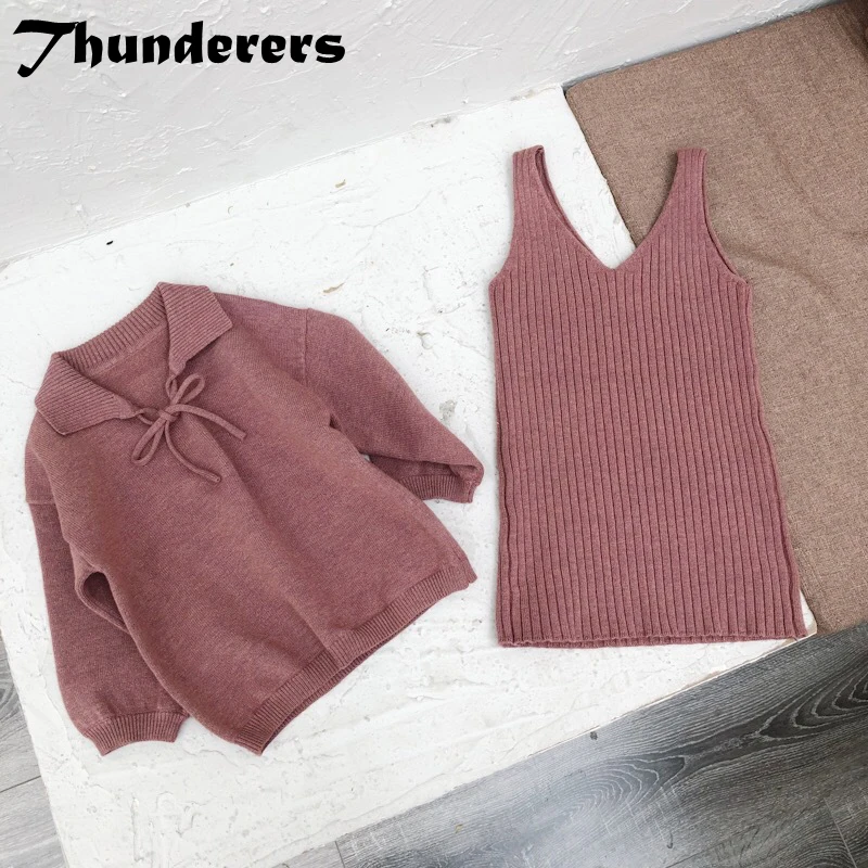 Thunderers/детский комплект одежды для девочек; вязаная элегантная детская одежда из 2 предметов; блузки с платьем; комплект одежды с бантом и отворотом для девочек