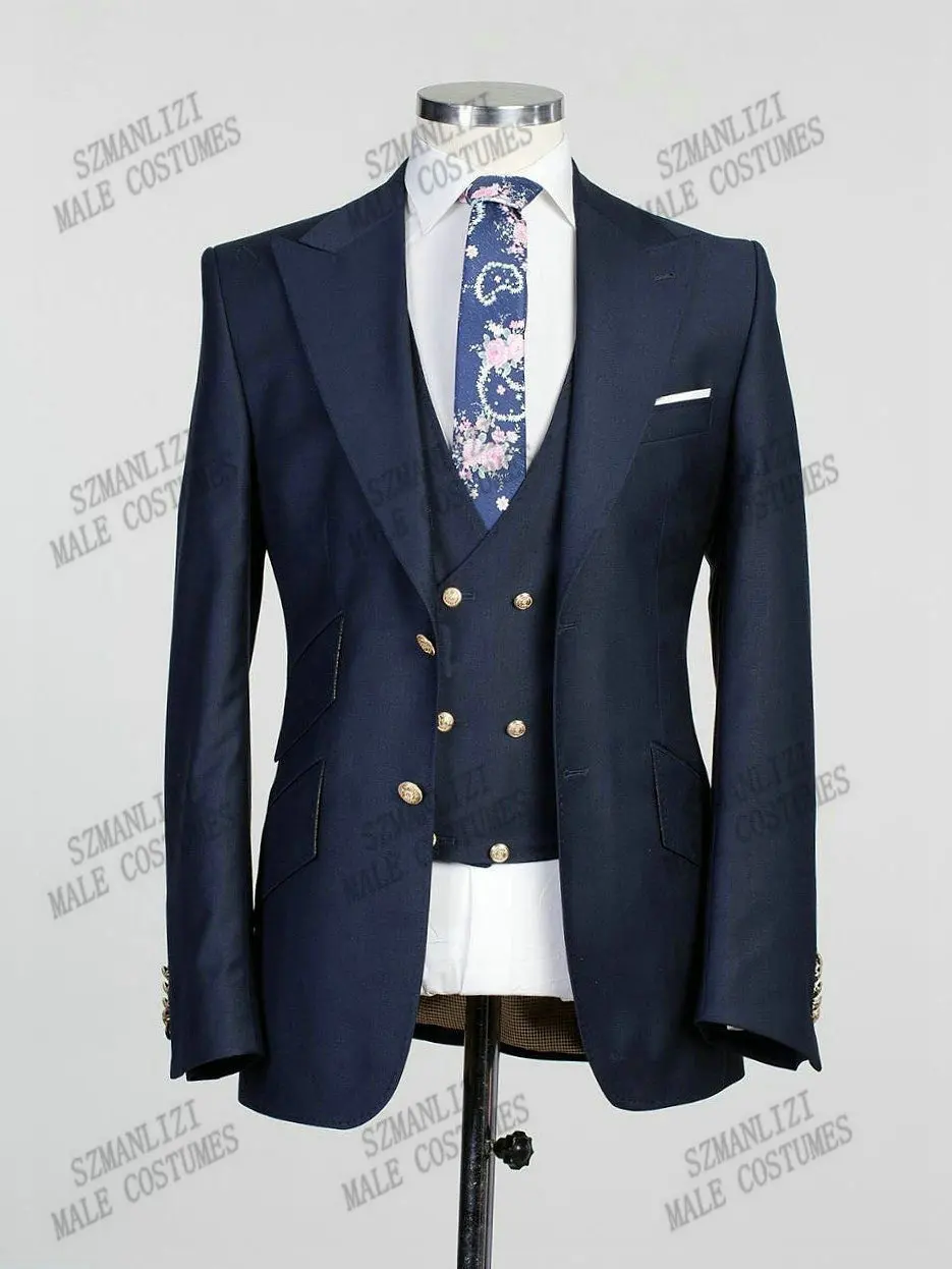 

Модные темно-синие деловые мужские костюмы из 3 предметов с заостренными лацканами индивидуальные строгие смокинги для выпускного вечера свадебные блейзеры (пиджак + жилет + брюки)