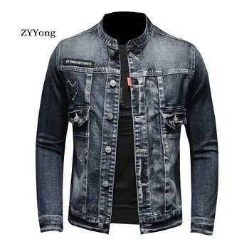 

Spring European Style Stand Collar Single Breasted Bomber Pilot Blue Denim Jacket Men Jean Coat Motorcycle Casual Clothing