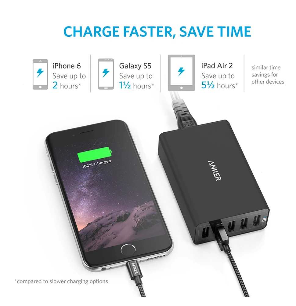 charger 65w Anker 40W 5-Port USB Wall Charger PowerPort 5 PowerIQ  USB Charger for iPhone 11 13  Phone Adapter for xiaomi  Tablet Portable usb fast charge