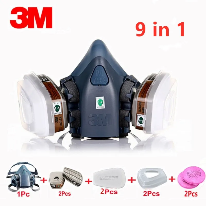 

9 in 1 3M 7502 6001 Gas Mask Military Poison Respirator Half Face Widely Use Mask Chemical Paint Spray Pesticide Protection