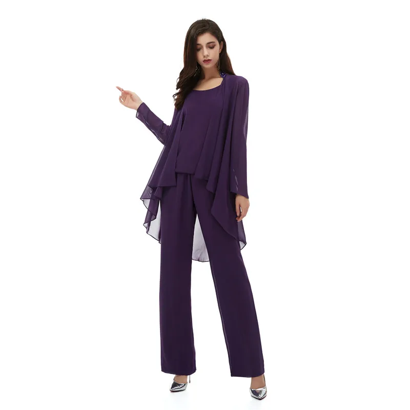 Vrouwen 3 pieces Ruches Chiffon Moeder van De Bruid Jurk Paars Broek Pak met Jas Lange Mouwen Outfit voor bruiloft Bruidegom Vrouwen 3 pieces Ruches Chiffon Moeder van De Bruid Jurk Paars Broek Pak met Jas Lange Mouwen Outfit voor bruiloft Bruidegom