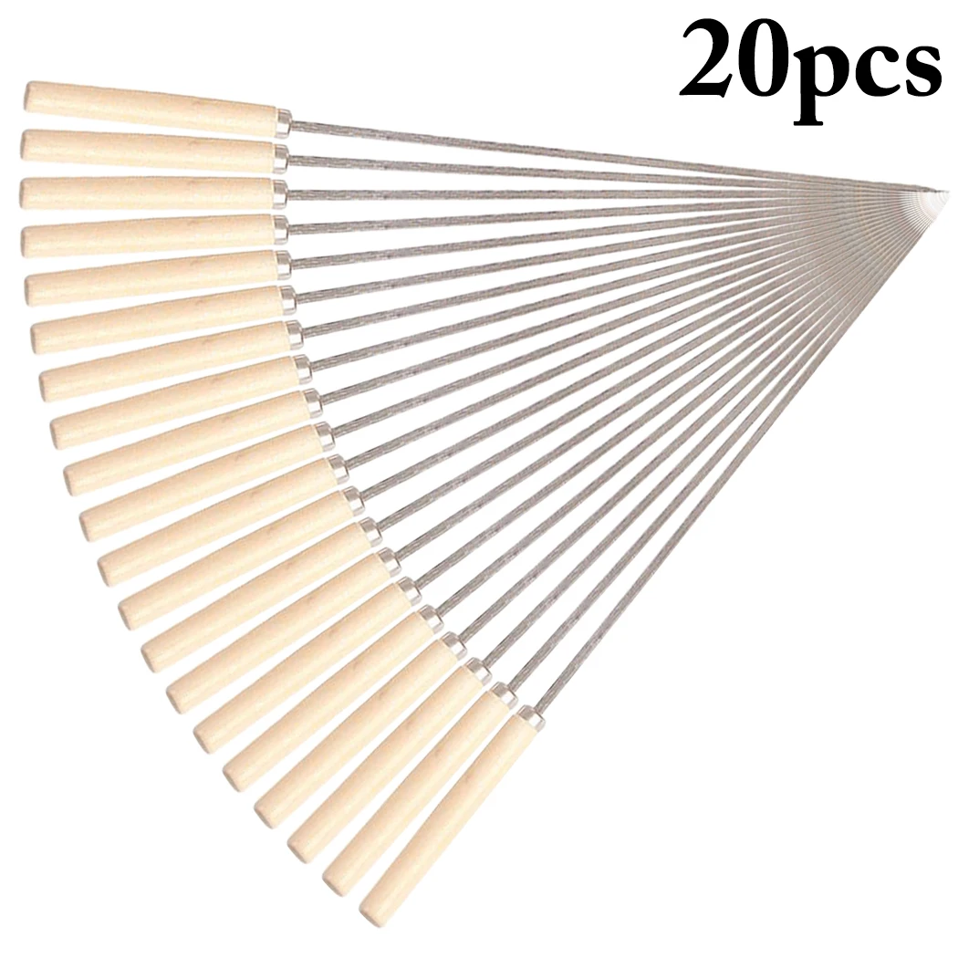 20pcs Stainless Steel BBQ Tools Flat Barbecue Stick BBQ Roasting Needle with Wooden Handle Skewers Outdoor Camping Forks