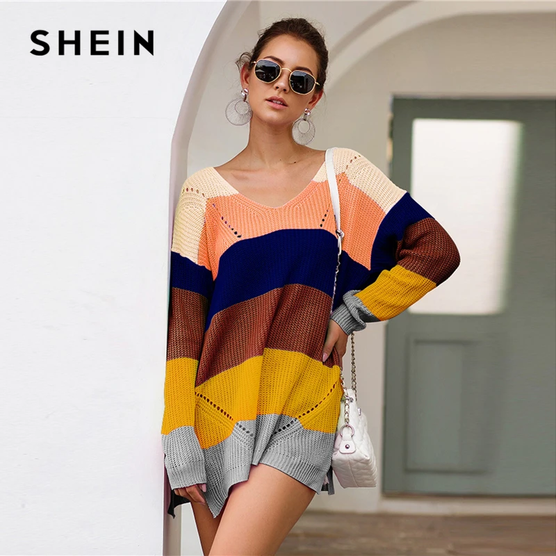 SHEIN Радуга Полосатый Падение плеча Длинный свитер женские топы осень уличная одежда с длинным рукавом V шеи негабаритных Сплит свитера