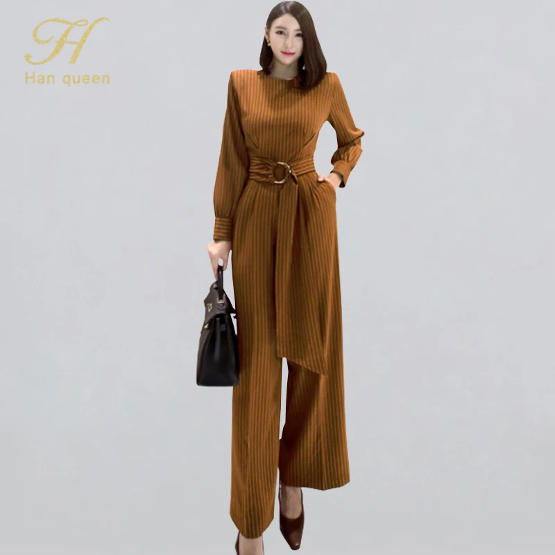 H Han Queen Solid Color Vintage Wide Leg Jumpsuits Women Autumn Winter Adjustable Waist Rompers Casual Bottoming Playsuits