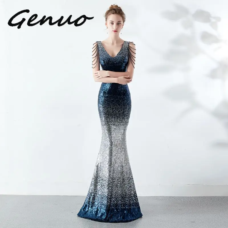 Genuo, новинка, Trajes De Gala, v-образный вырез, вечерние платья, сексуальные, с блестками, на молнии, сзади, Русалка, в пол, Vestido De fiesta largo