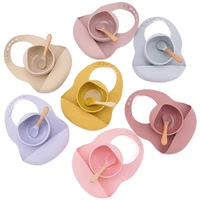 Children's Tableware Soild Food Training Waterproof Baby Bibs Infant Sucker Feeding Bowl And Wooden Handle Spoon Set Baby Stuff 1
