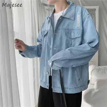 

Jacket Men Denim Single Breasted Plus Size Windproof Korean Streetwear Hole Mens Jackets and Coats Harajuku Clothes Top Quality
