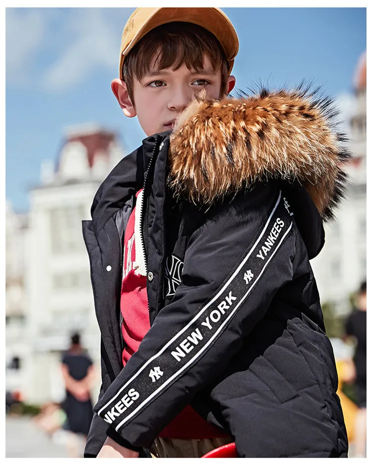 30 градусов зимняя куртка для мальчиков с капюшоном, меховой воротник, теплые длинные подростковое пальто От 5 до 14 лет Детская одежда куртка-пуховик для девочки
