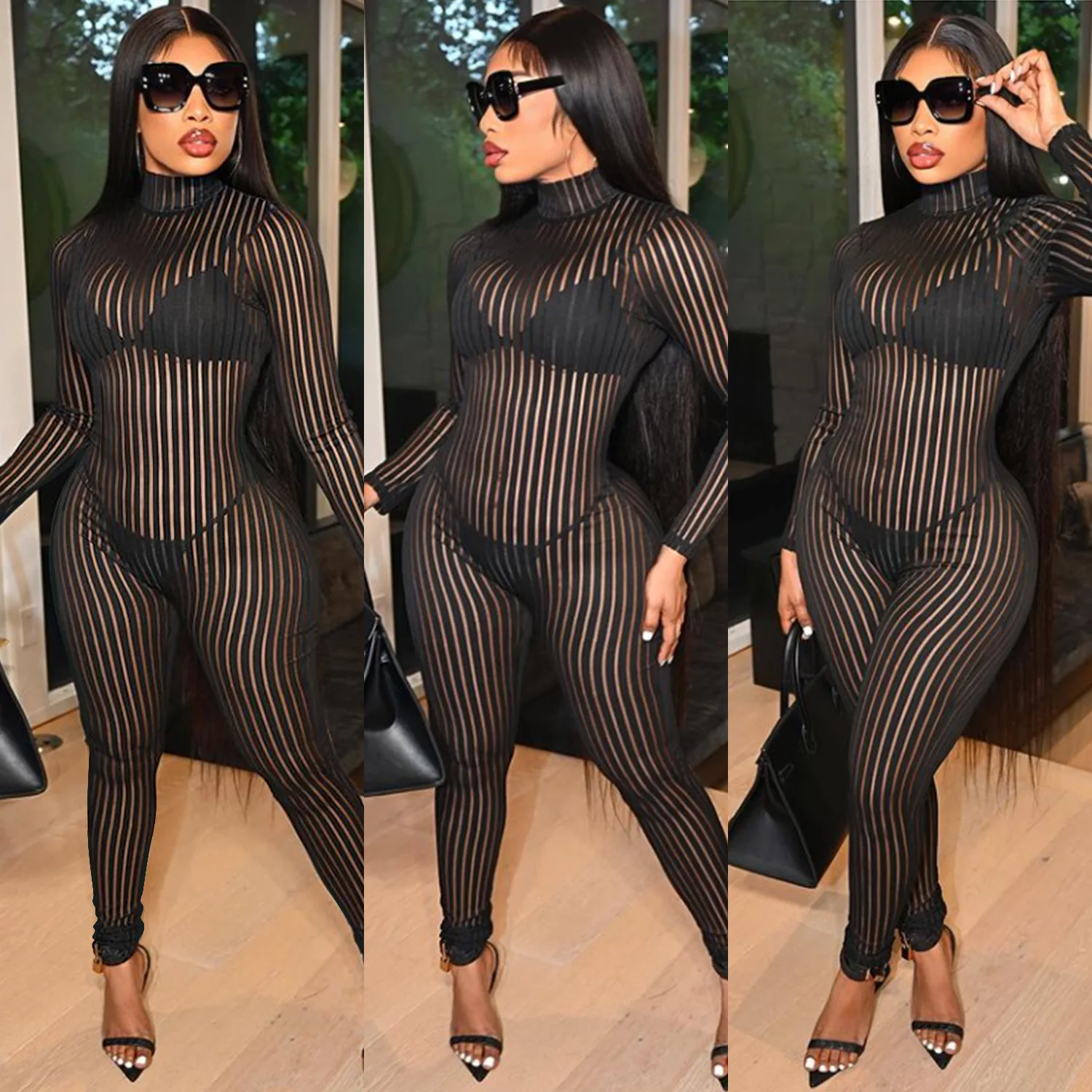 Женский прозрачный сетчатый сексуальный черный кружевной комбинезон бамбуковые