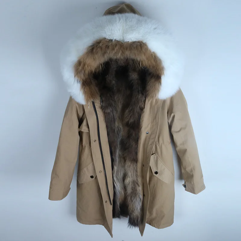 15 dark khaki coat Новинка, теплое зимнее женское пальто, куртка с подкладкой из натурального меха енота, длинная парка с воротником из натурального Лисьего меха, модная Толстая куртка - Цвет: 15 dark khaki coat