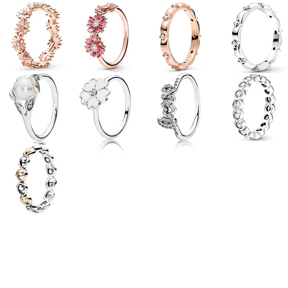 

NEW 2020 100% 925 Sterling Silver Spring Rose Gold Sparkling Daisy Flower Crown Ring Fit DIY Women Original Fashion Jewelry Gift