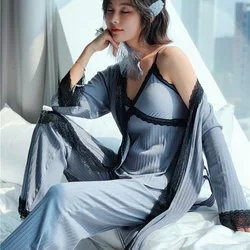 Three Pieces Women Pajamas Sets Winter Warm Pants Pajamas Lace edge Female Sleep Homewear Robe Nightdress 215