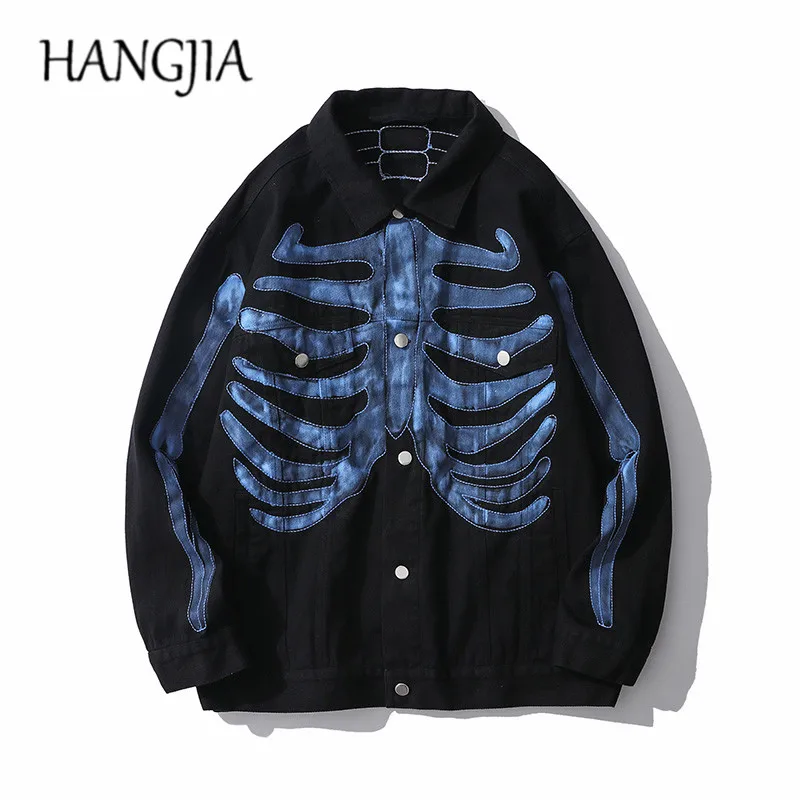 Hip Hop Hand painted Skeleton Denim Jackets Black Blue Embroidery Jeans Jackets Streetwear 