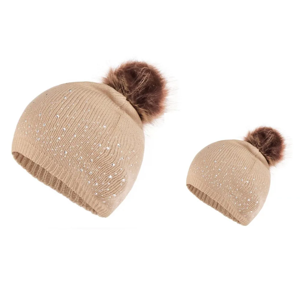Baby Hat Parent/Child Winter Warm Pompoms Knitted Beanies Hats Baby Headwears Warm Winter Hats Christmas Gifts - Цвет: Khaki