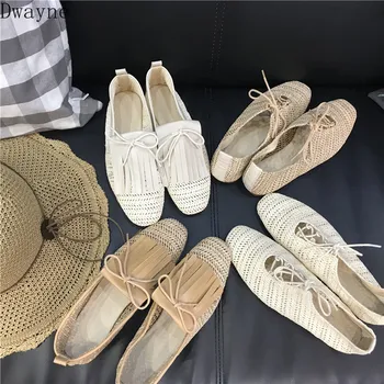 

Summer new bare apricot natural straw hollow material pointed round head shallow mouth back pull flat shoes women's shoes