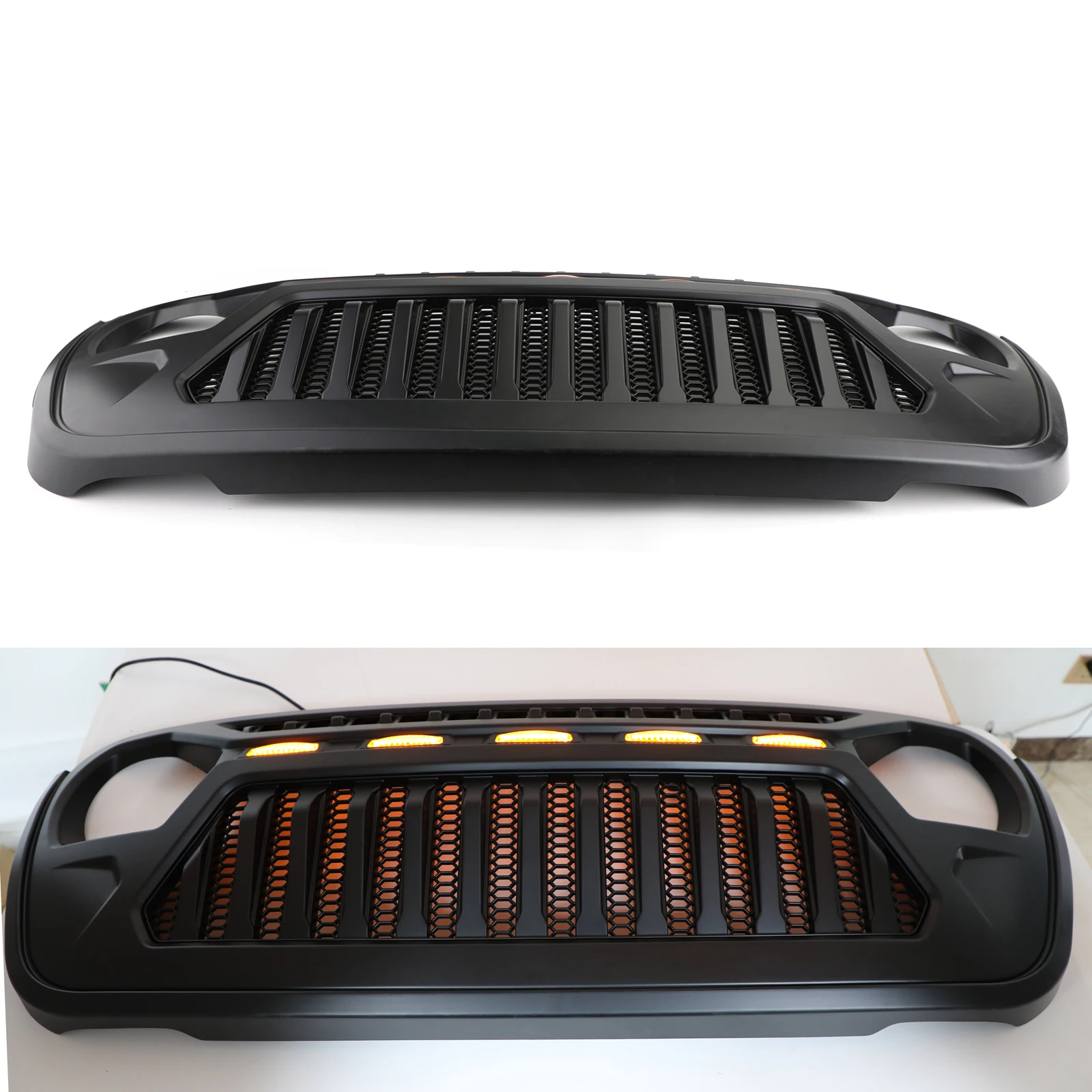 Sale Areyourshop New Front Bumper Grille with 5 Amber Light For Jeep Wrangler JL 2018 2019 Front Upper LED Light Grille Car Parts 4