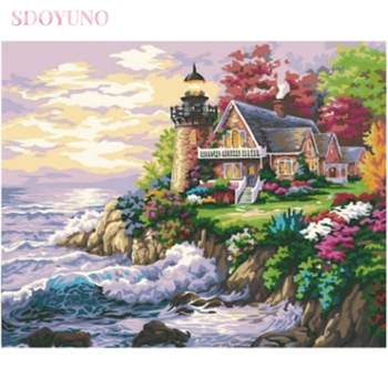 

SDOYUNO DIY painting by numbers kits with frame for adults Beach house seascape HandPainted art Home Decor Gift Canvas Drawing