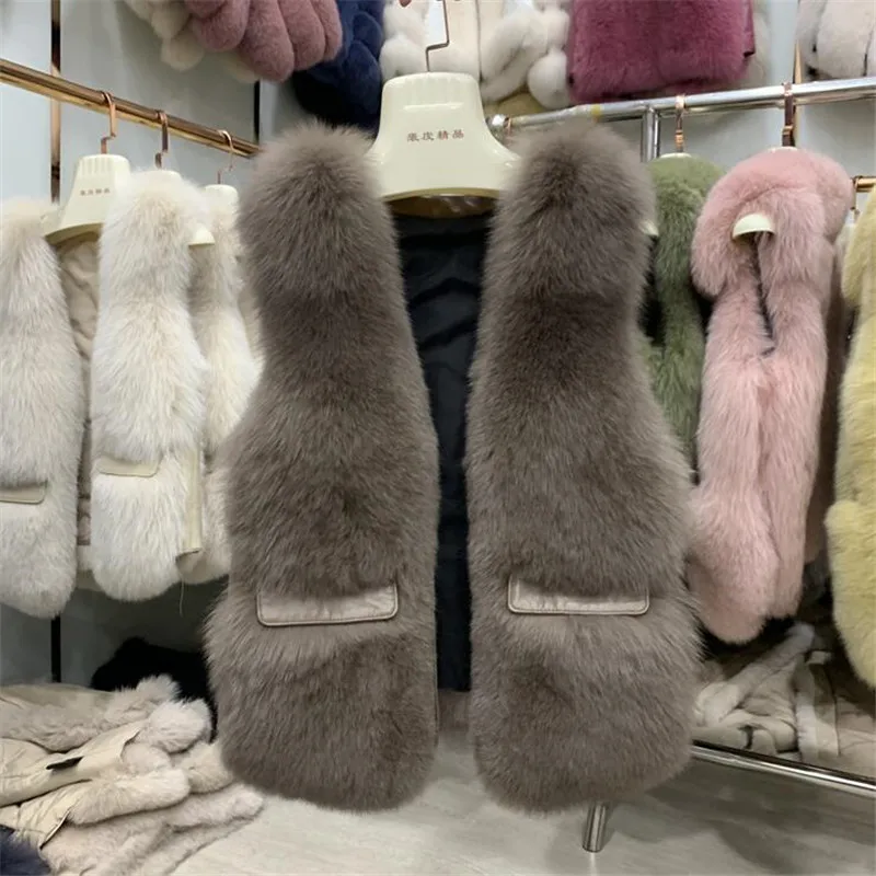brown Женский жилет из натурального Лисьего меха, короткий женский зимний жилет из натурального меха, женский короткий жилет из натурального меха - Цвет: brown