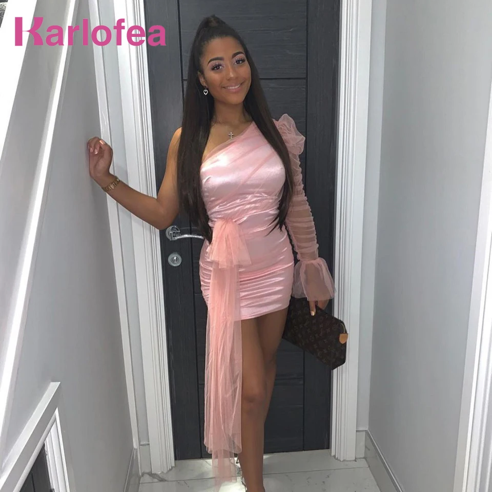 Женское платье на одно плечо Karlofea элегантное Сетчатое облегающее мини с рюшами и