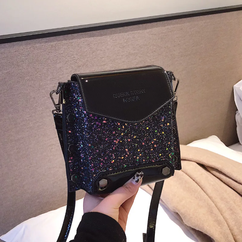 

Small Bag WOMEN'S Bag 2019 New Style Versatile Western Style Rivet Fashion Textured Shoulder Sequin Square Sling Bag WOMEN'S Bag