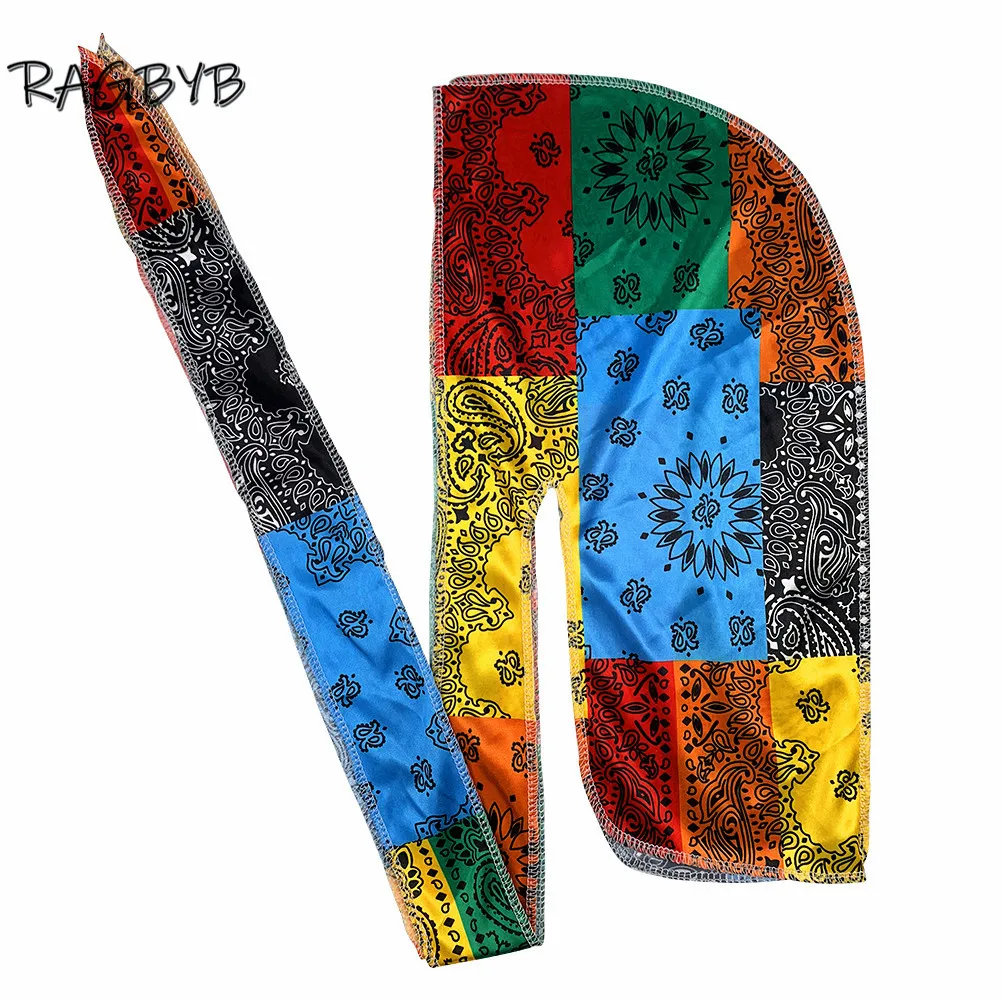 Mode Männer Seide Durag Paisley Druck Seidige Durags Bandanas für Männer Langen Riemen Headwear Kopf Schal Welle Kappe Headwrap Durags