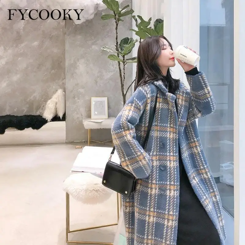 Vinage Plaid Wool Blend Coat Women Autumn Winter 2021 New Korean Loose Thick Long Knitted Sweater Jackets Oversized S-3XL