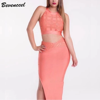 

Bevenccel 2020 Sexy Beads Bodycon Bandage Dress Women Backless Two Piece Sets Women Dress Celebrity Evening Party Dress Vestidos