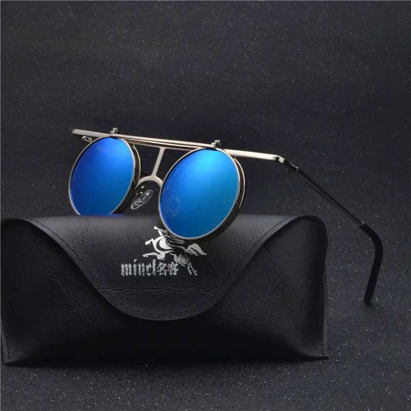 Панк Солнцезащитные очки для женщин и мужчин ретро очки круглые флип-ап очки шов Панк Винтаж клип на оптические мужские солнцезащитные очки UV400 с коробкой NX