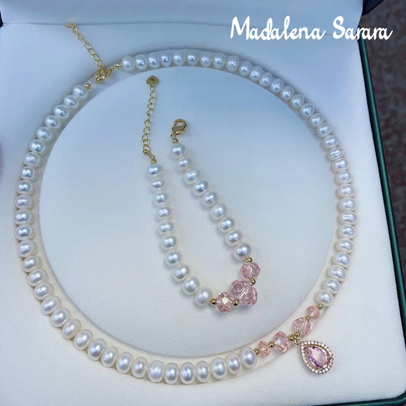 

MADALENA SARARA 7-8mm AA Grade Nearround Shape Freshwater Pearl Jewelry Set Crystal Beads Inlaid For Women Necklace Mom's Gift