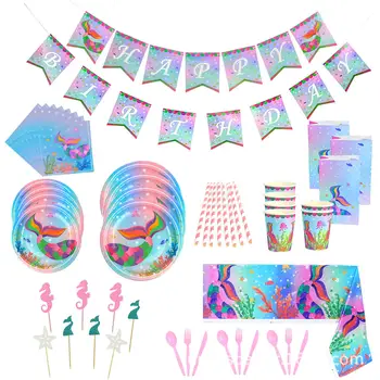 

Mermaid Theme Happy Birthday Party Supplies Set Paper Plate Cup Napkin Straw Banner Tablecloth for Home Party Fiesta Decorations