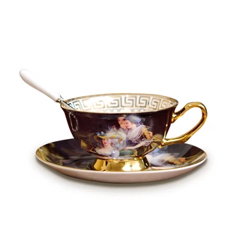 

European Retro Court Figure Oil Painting Bone China Coffee Cup And Saucers British Afternoon Tea Espresso Cups Party Drinkware