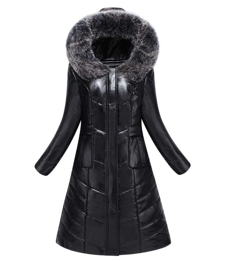 Воротник из натурального Лисьего меха, зимняя куртка на утином пуху, Женская Длинная кожаная куртка, женское пуховое пальто, зимняя кожаная куртка с капюшоном размера плюс 7XL