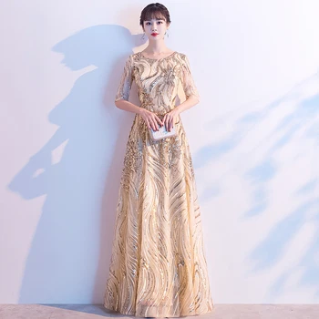 

AE787 Luxury Long Sequined Evening Dresses A-Line O-Neck Half Sleeve Sexy Sparkle Long Party Gowns Robe Longue