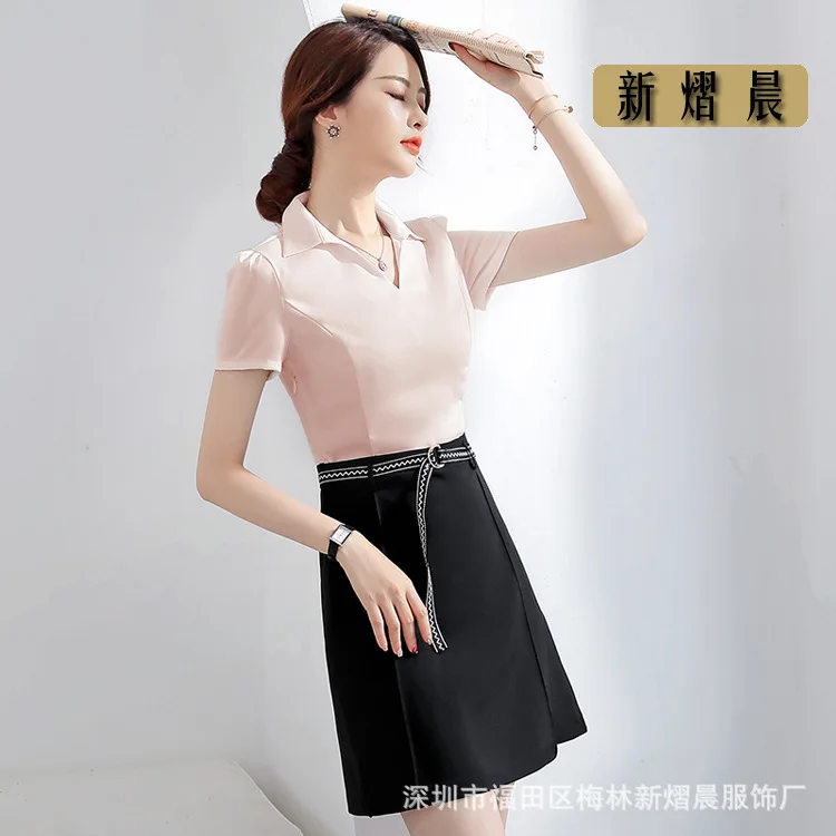 

Spring Clothing 2019-Dress New Style Fashion Elegant Shirt Fake Two-Piece Professional Black Short Sleeve Skirt Wear