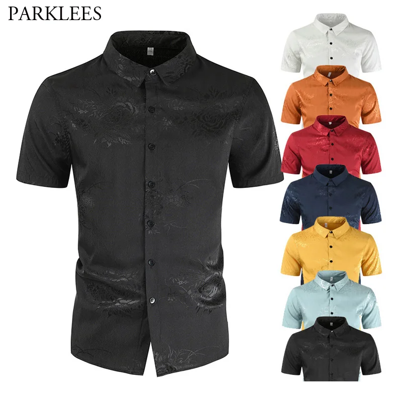 

Silk Black Shirt Mens Elegant Floral Print Men Dress Shirt Elasticity Casual Slim Fit Shirt for Men Button Up Men Clothing M-4XL